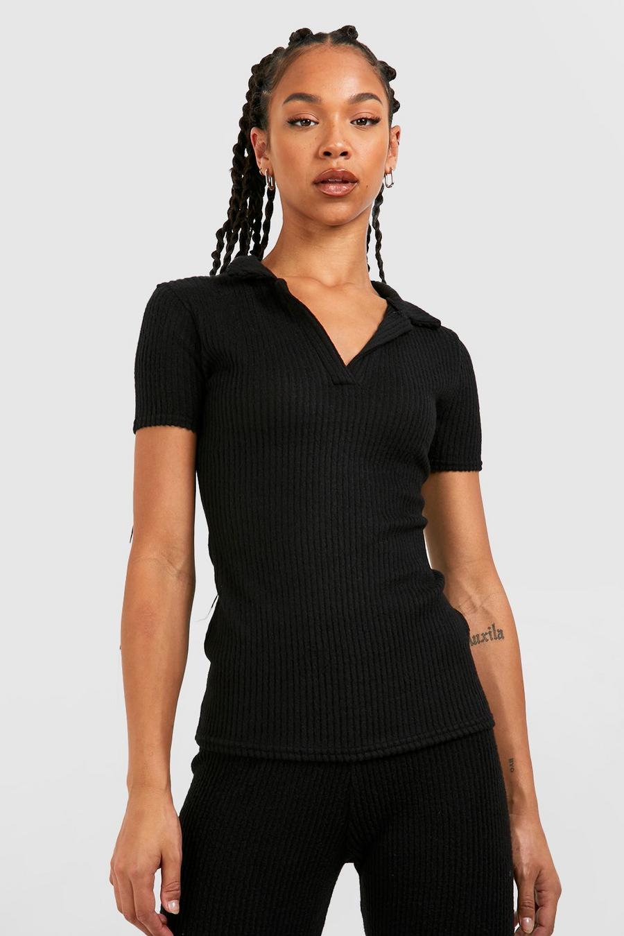 Black Tall Soft Knitted Rib Open Collar T-shirt