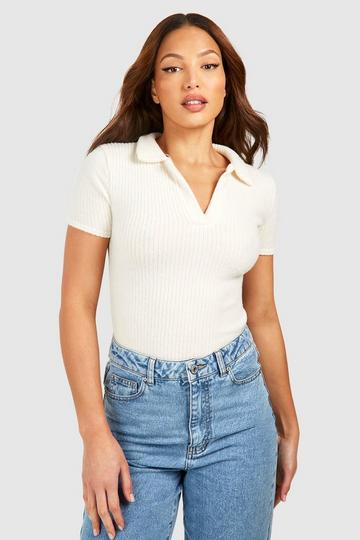 Tall Soft Knitted Rib Open Collar T-shirt ivory