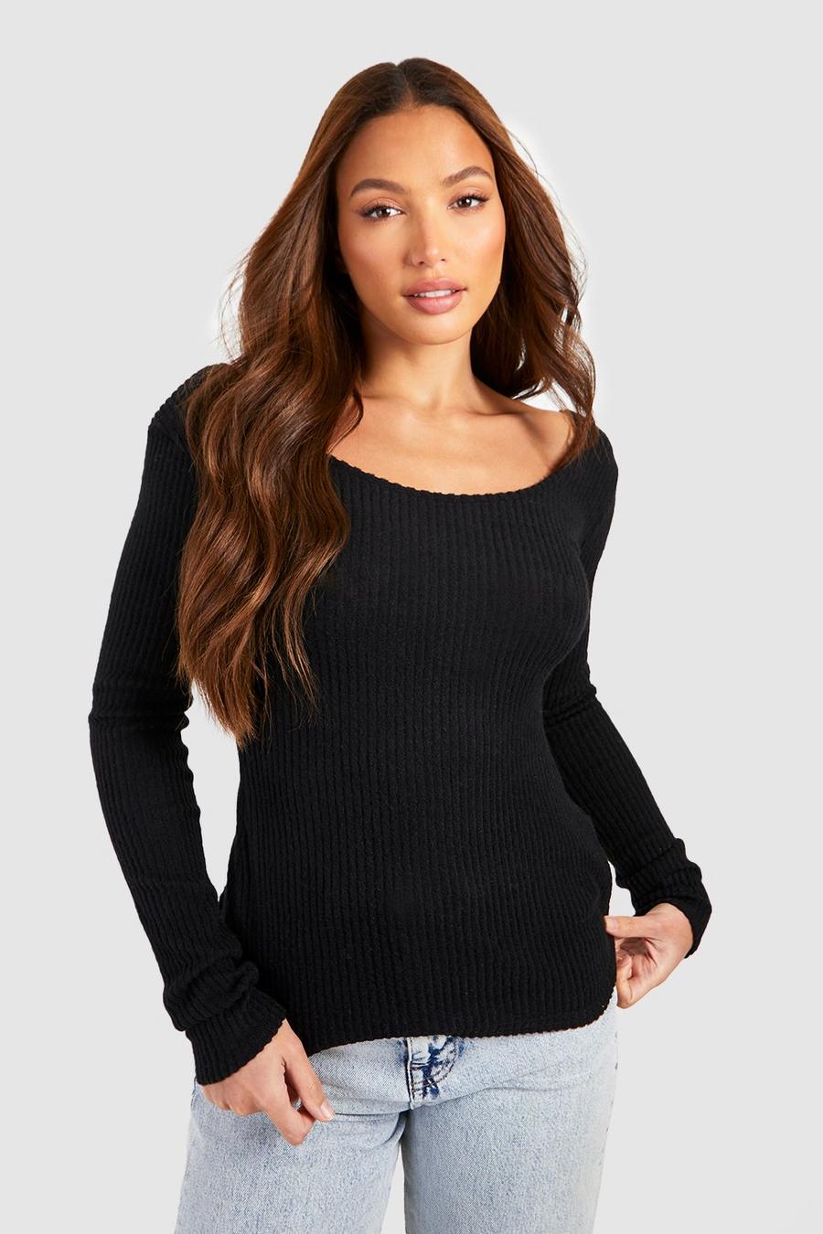 Black Tall Soft Knitted Rib Scoop Neck Longsleeve T-shirt image number 1