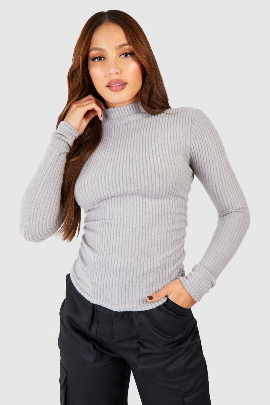 Grey marl gris Tall Soft Knitted Rib Longsleeve Ruched Side T-shirt