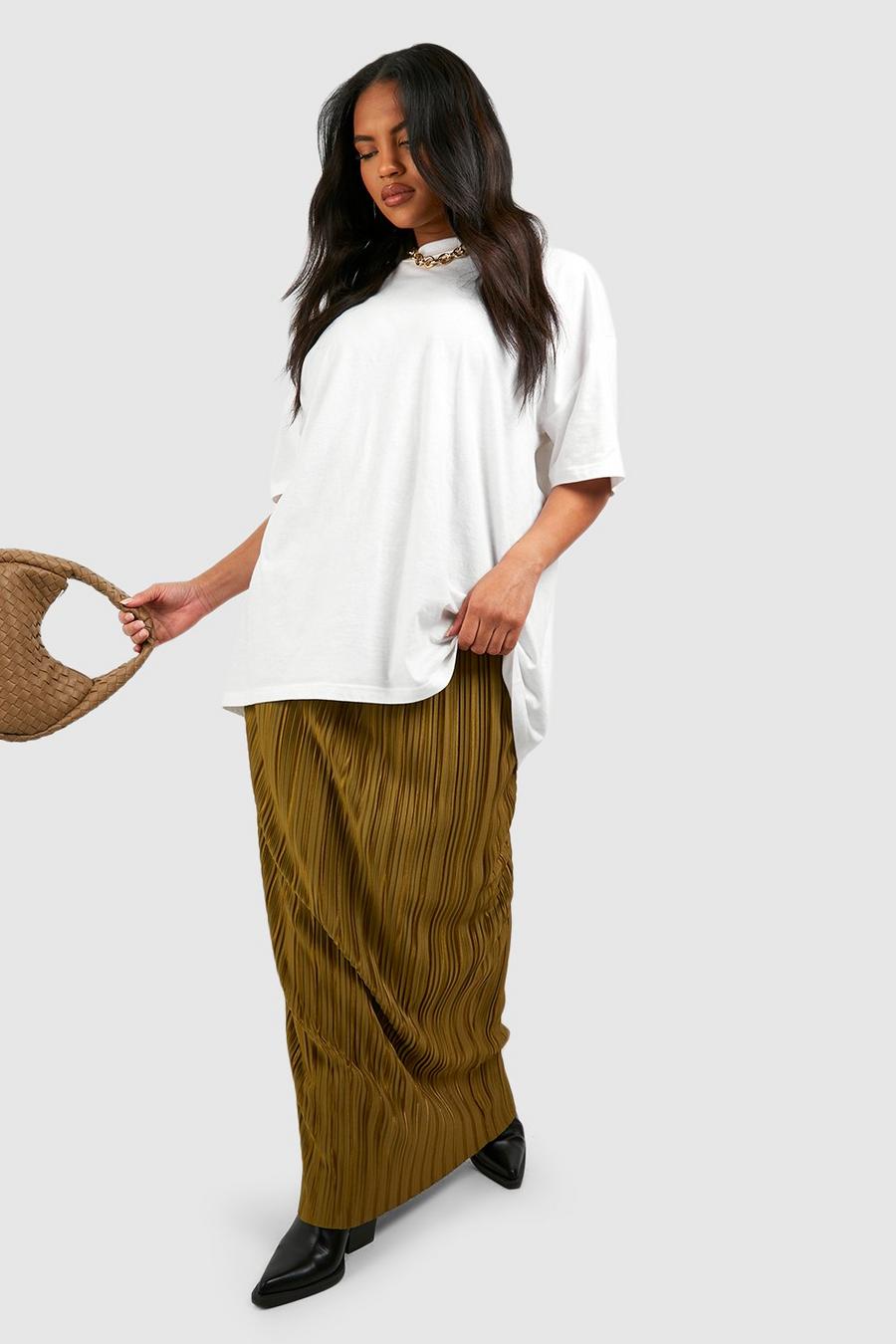 Khaki Plus Satin Plisse Maxi Skirt  image number 1
