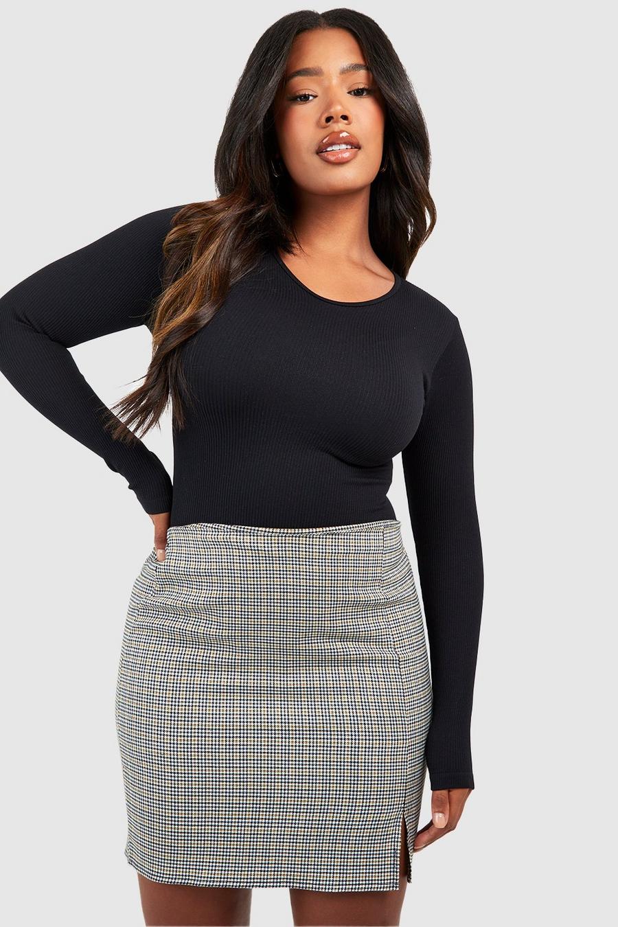 Black Plus Checked Front Split Mini Skirt 