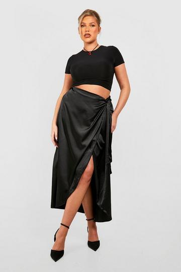 Plus Satin Wrap Detail Midaxi Skirt black