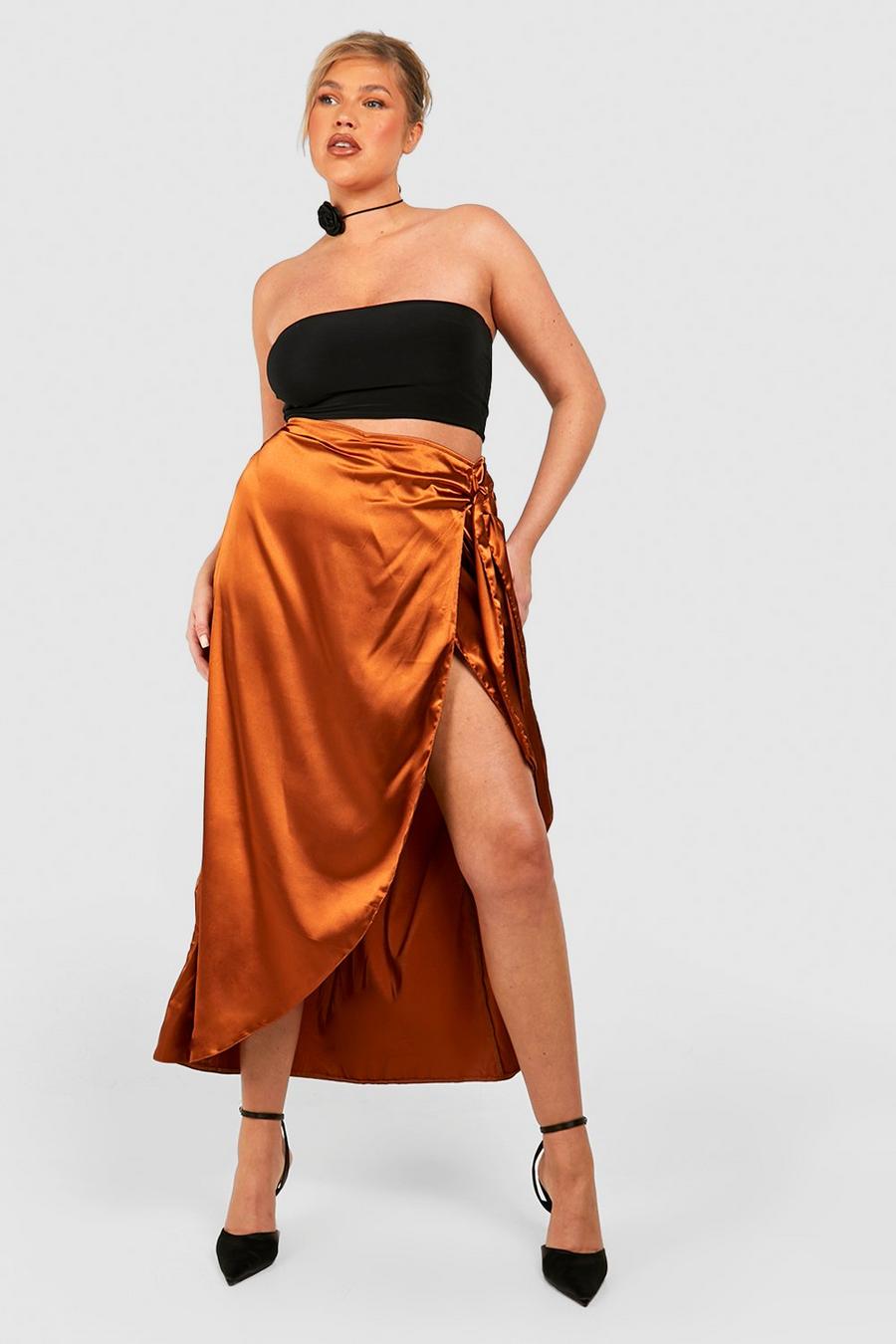 Rust Plus Satin Wrap Detail Midaxi Skirt 