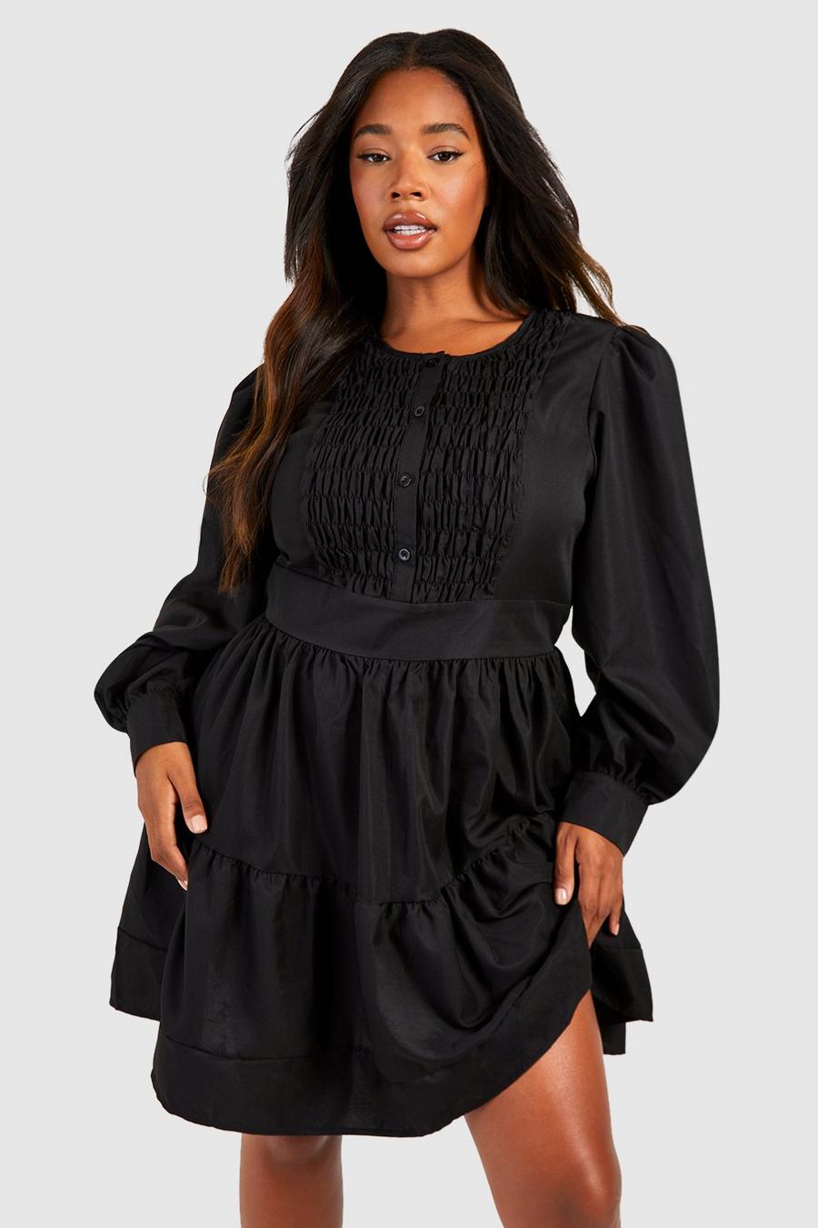 Black Plus Woven Shirred Detail Tiered Smock Dress image number 1