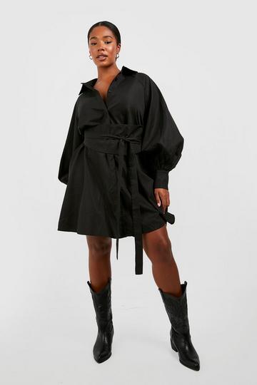 Black Plus Poplin Tie Corset Shirt Dress