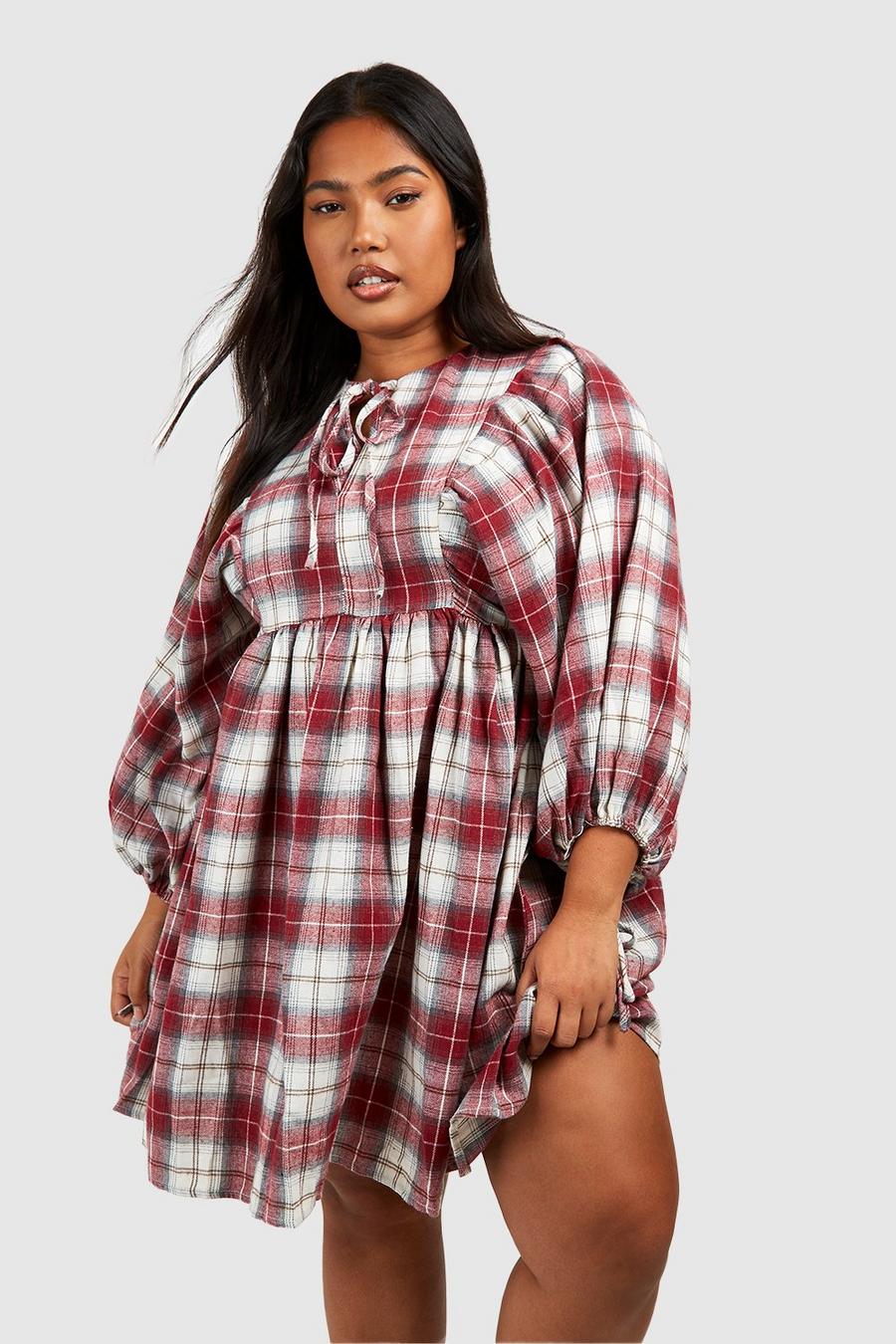 Berry Plus Check Blouson Sleeve Smock Dress image number 1