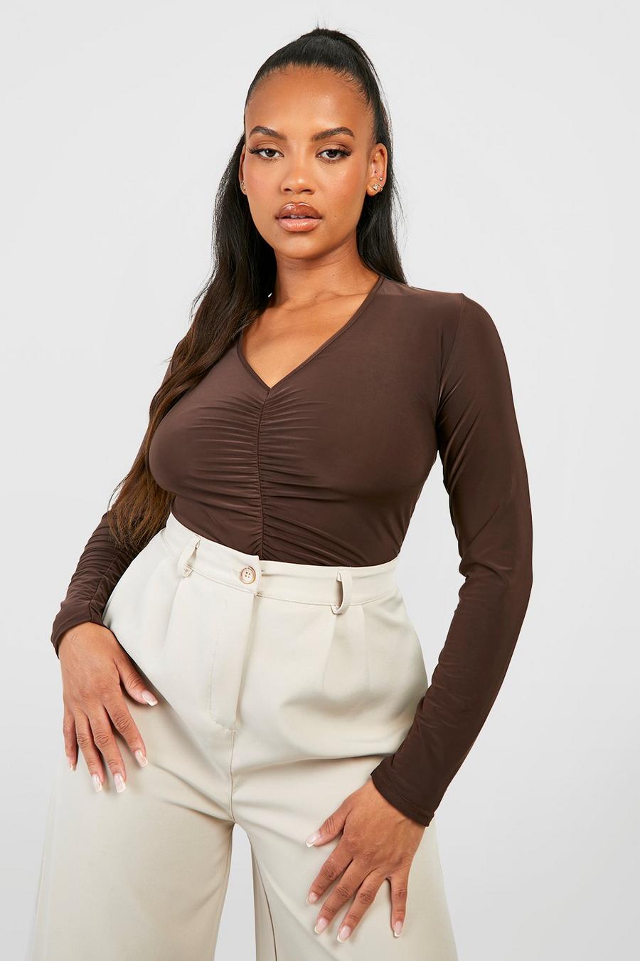 Chocolate brun Plus Ruched Front V Neck Long Sleeve Bodysuit 