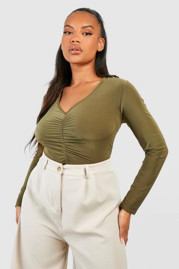 Plus Ruched Front V Neck Long Sleeve Bodysuit olive