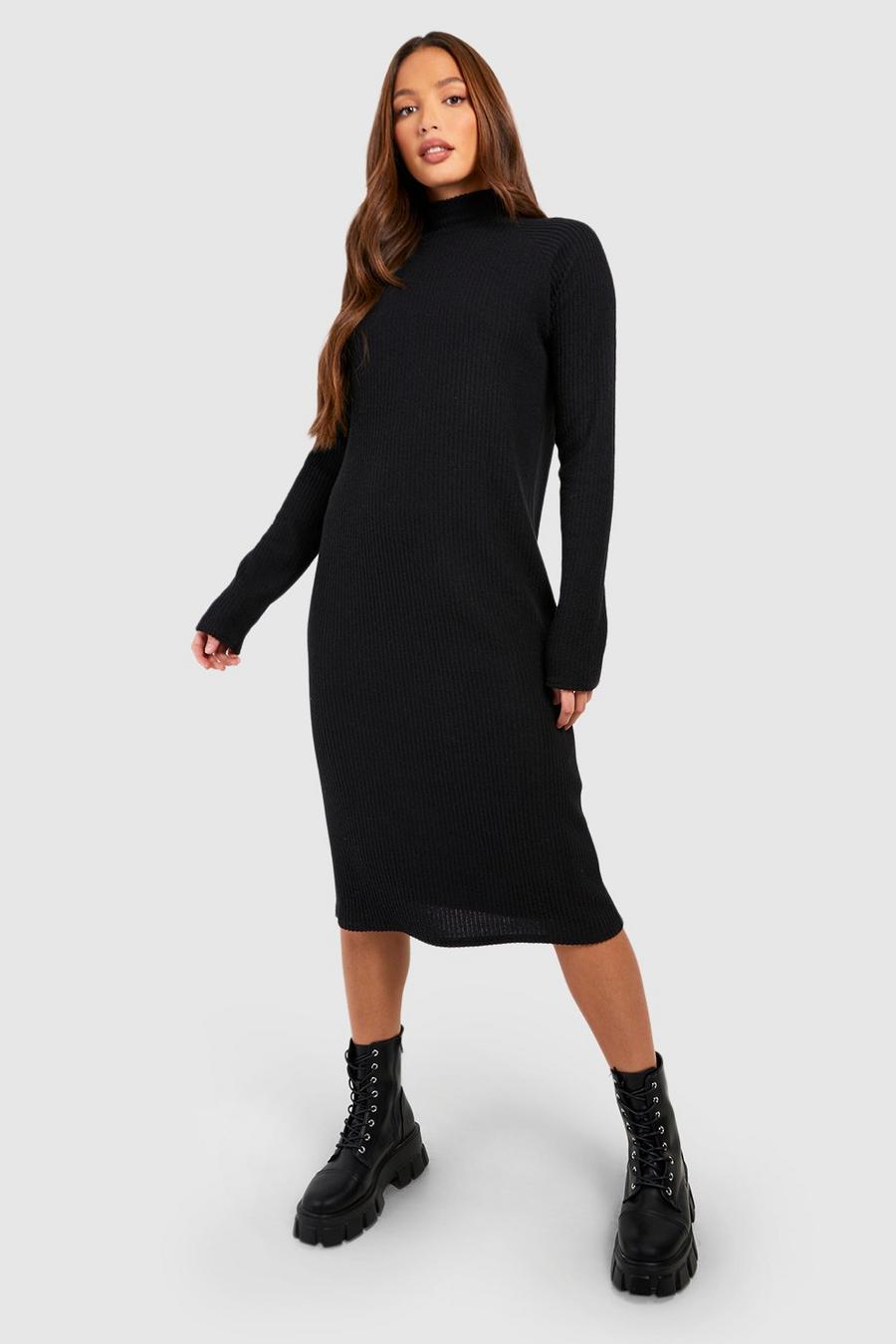 Black Tall Soft Knitted Rib Crew Longsleeve Column Midi Dress image number 1