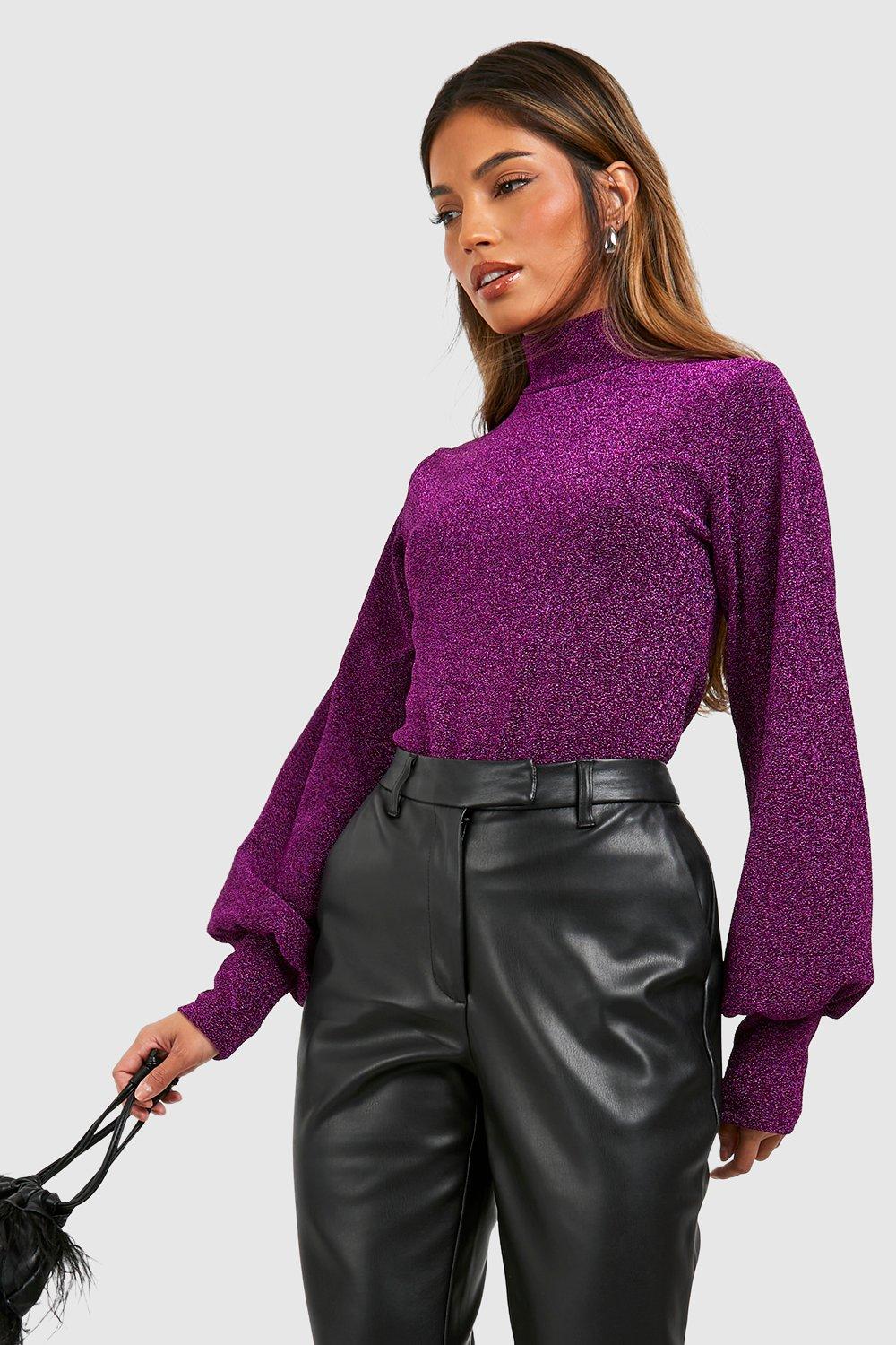 Glitter High Neck Balloon Sleeve Top | boohoo