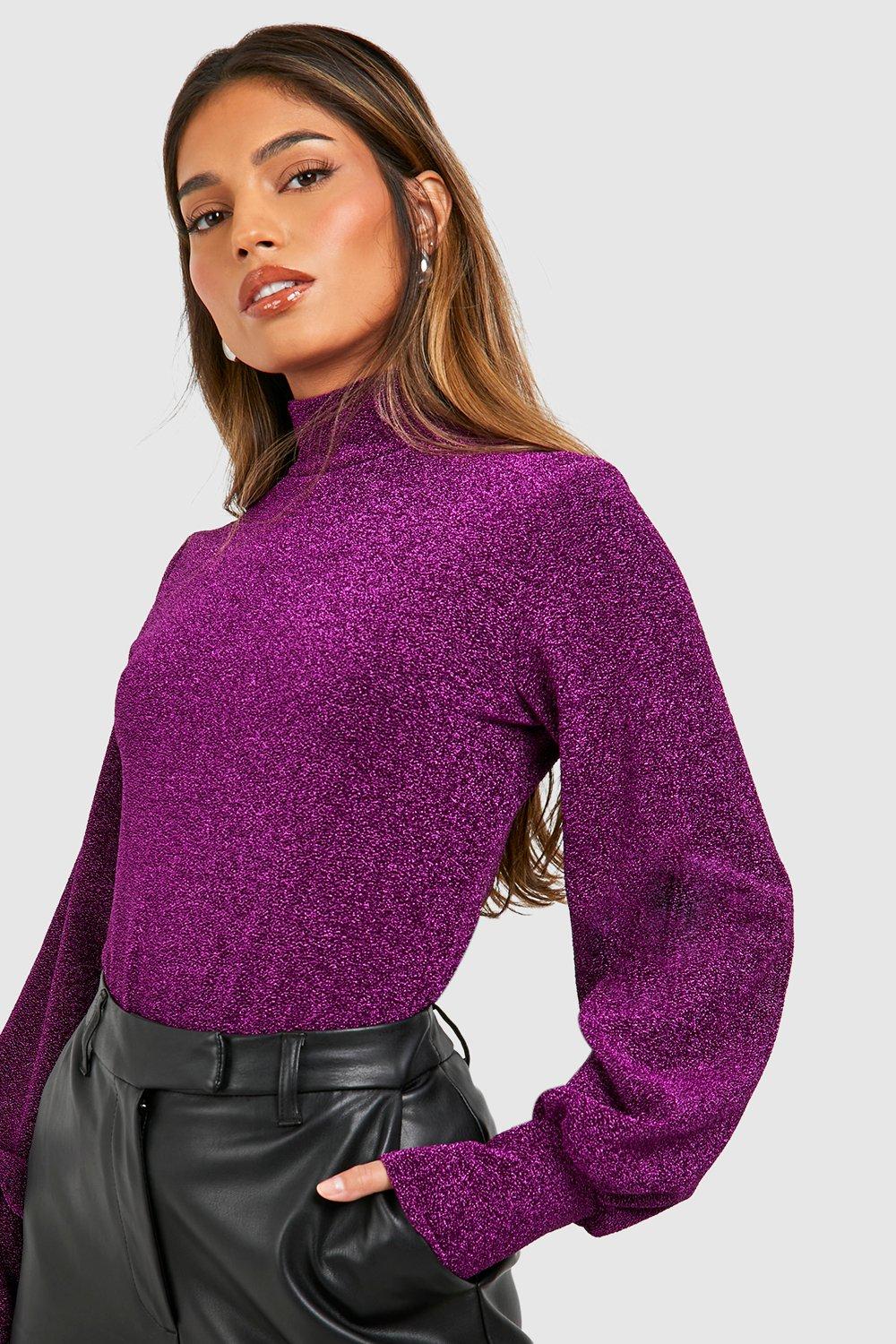 Glitter High Neck Balloon Sleeve Top | boohoo