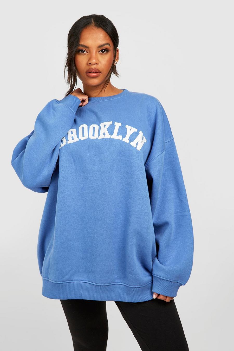 Plus Oversize Sweatshirt mit Brooklyn-Applikation, Blue image number 1