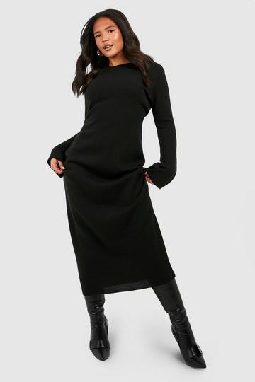 Black Plus Crew Neck Flare Sleeve Knitted Midi Dress