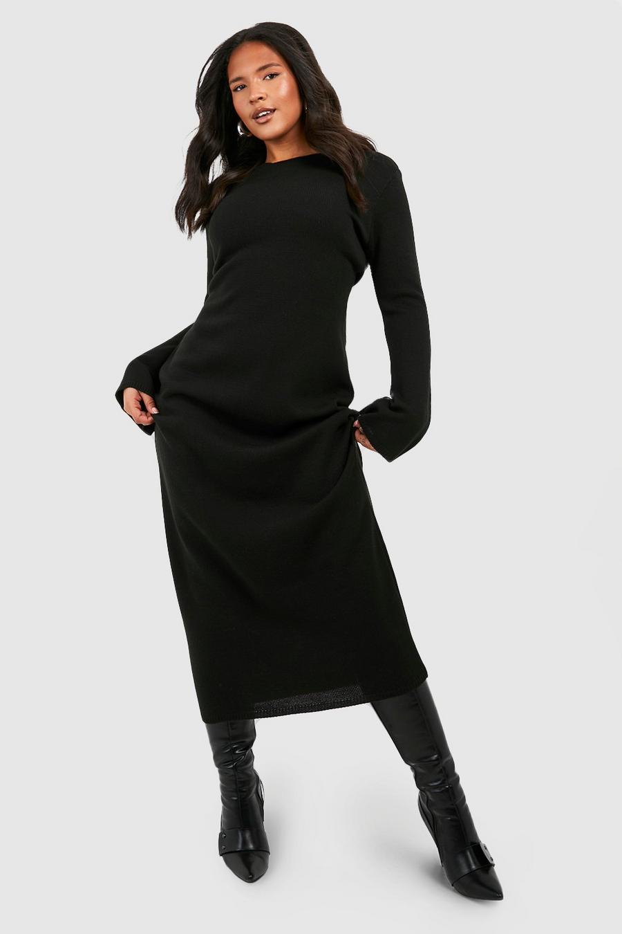 Black Plus Crew Neck Flare Sleeve Knitted Midaxi Dress