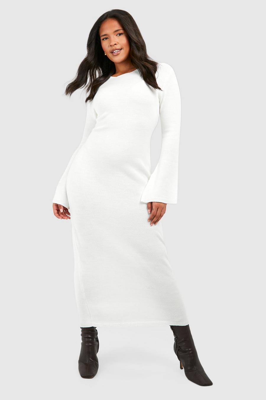 Ecru Plus Crew Neck Flare Sleeve Knitted Midaxi Dress image number 1
