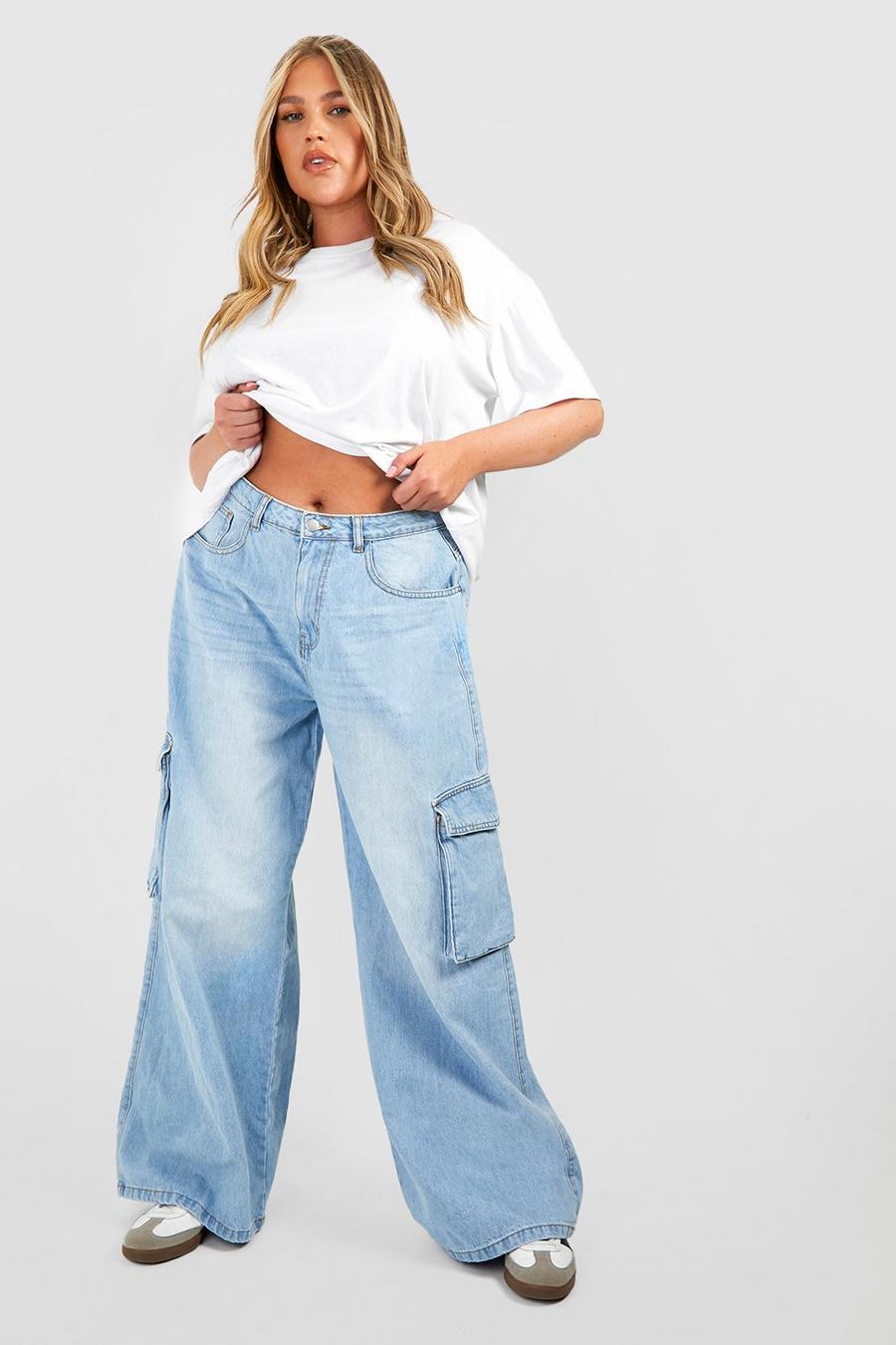 Washed blue Plus Wide Leg Cargo Jeans image number 1