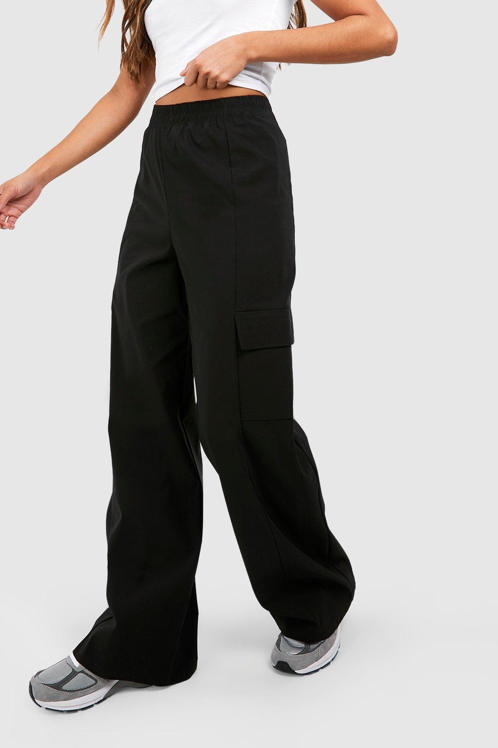 Black Wide Leg High Waisted Cargo Trouser, Trousers