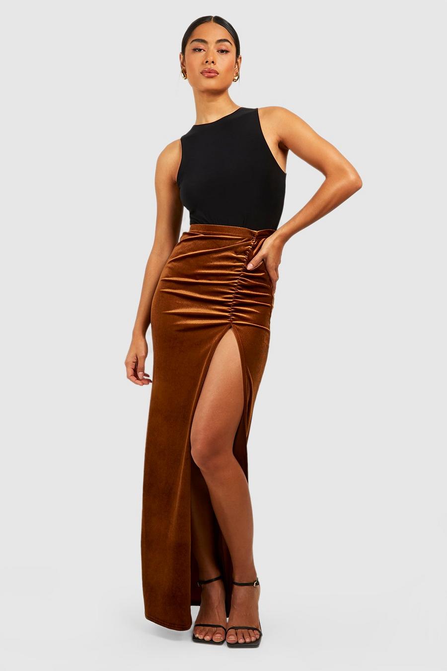 Chocolate Velvet Ruched High Split Maxi Skirt image number 1