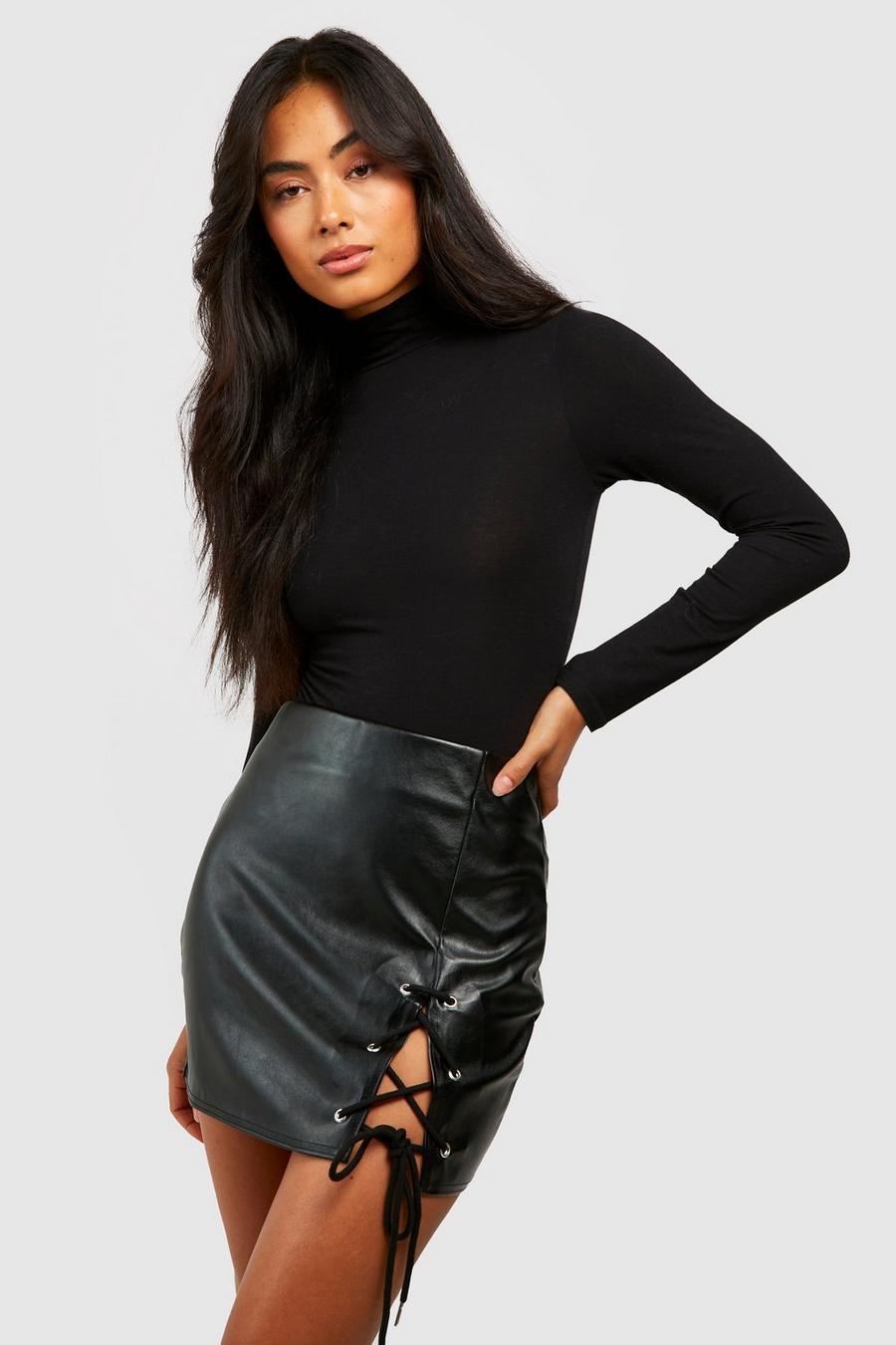 Black Lace Up Leather Look Mini Skirt