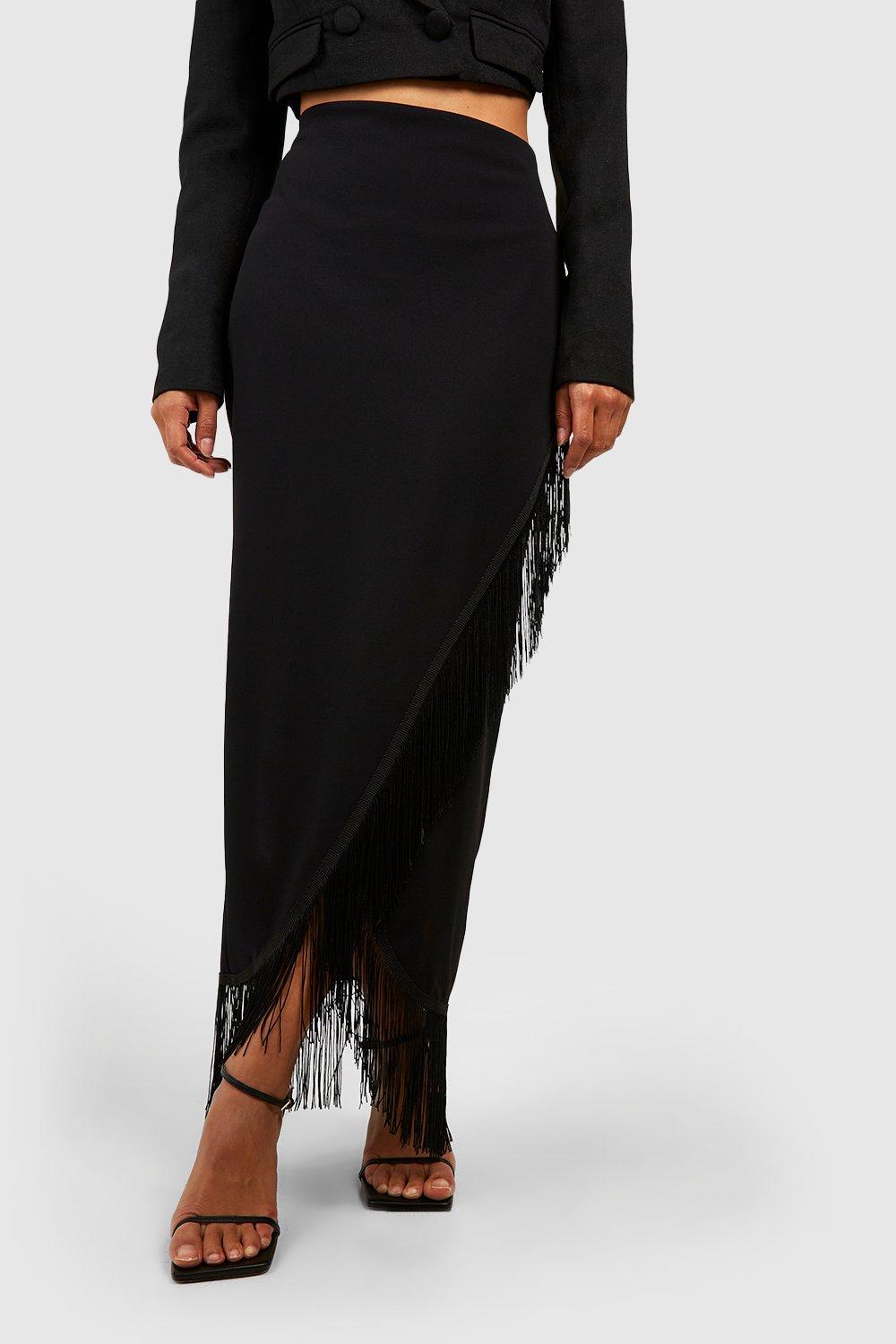 Long black fringe wrap skirt best sale