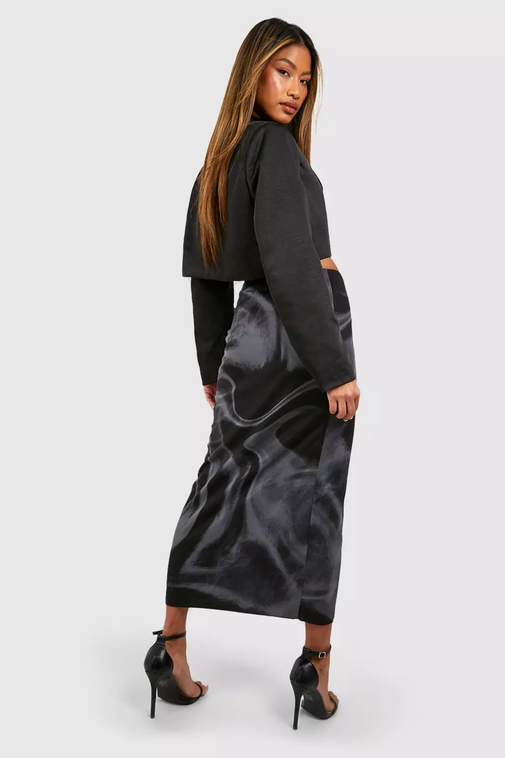 Black Marble Printed Mesh Overlay Midaxi Skirt alternative image