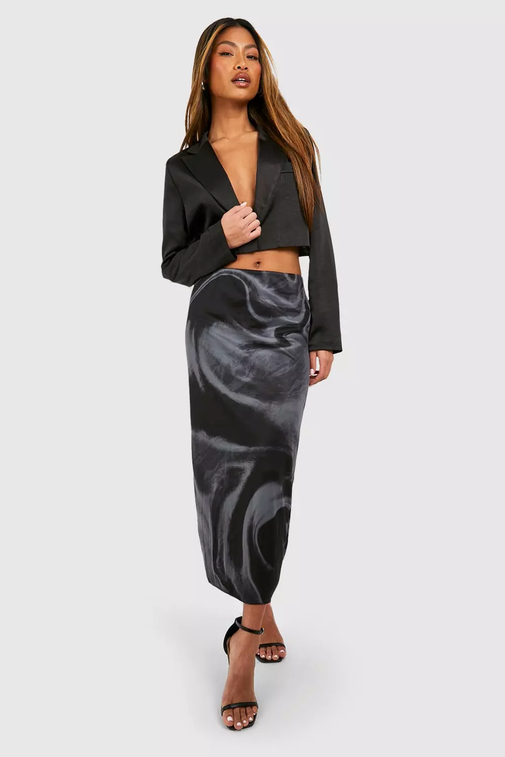 Black Marble Printed Mesh Overlay Midaxi Skirt alternative image