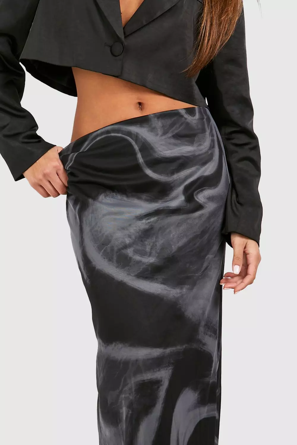 Black Marble Printed Mesh Overlay Midaxi Skirt alternative image