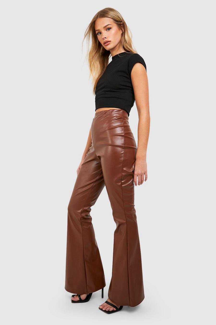 Tan Matte Faux Leather High Waisted Flared Trousers image number 1