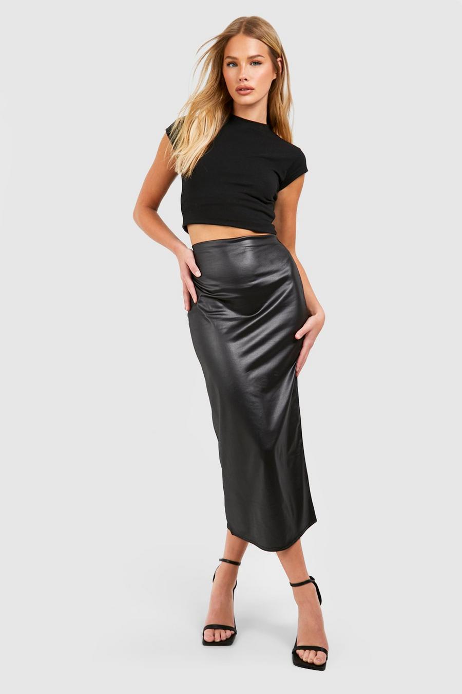 Black Matte Faux Leather Midaxi Skirt image number 1