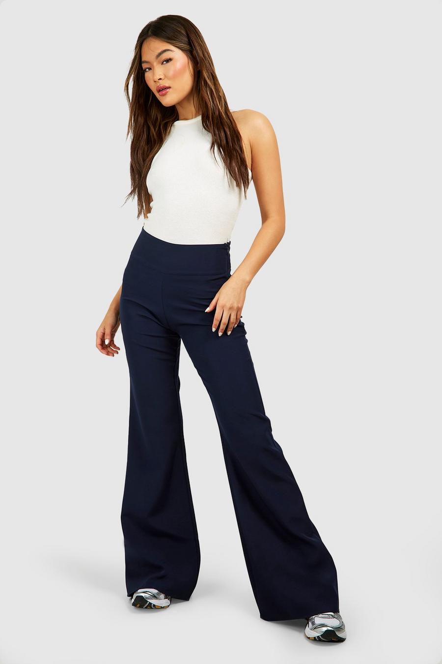 Navy Woven Deep Waistband Flared Pants image number 1
