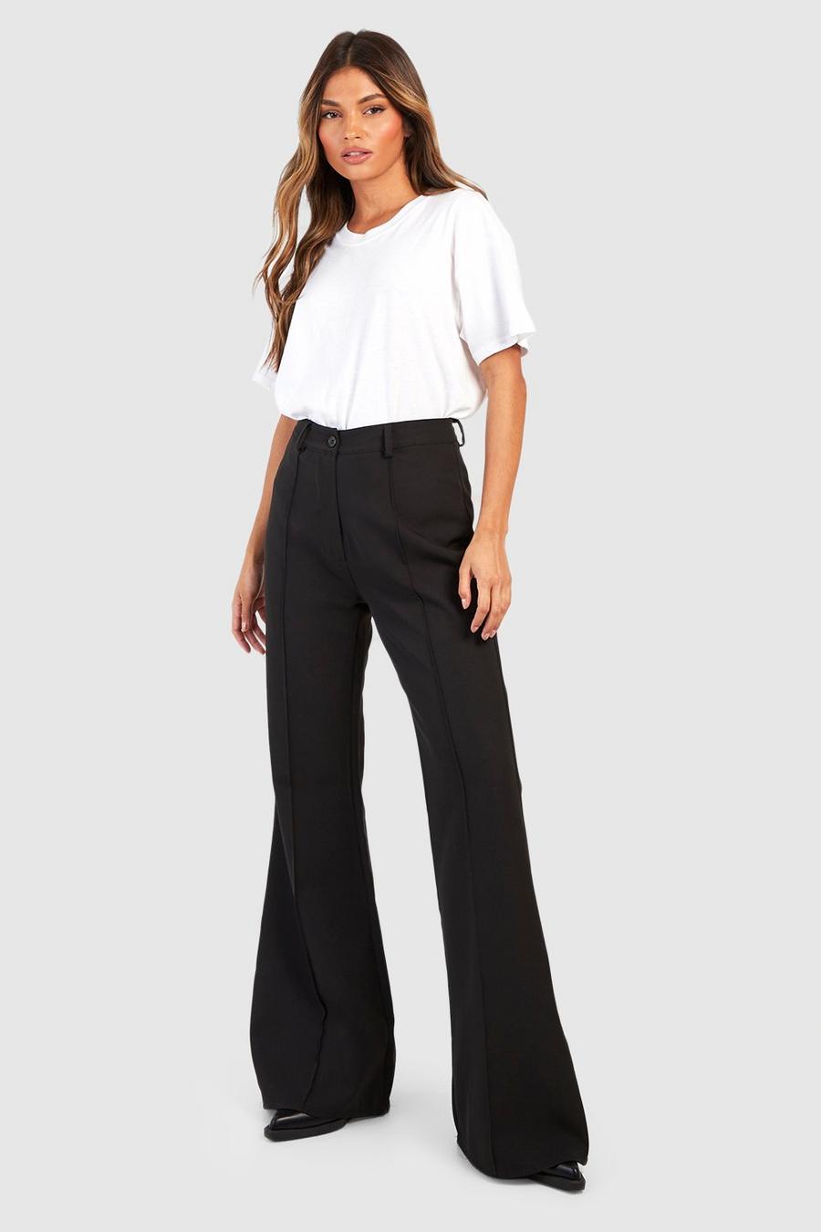 Black Woven Seam Detail Flare Pants image number 1