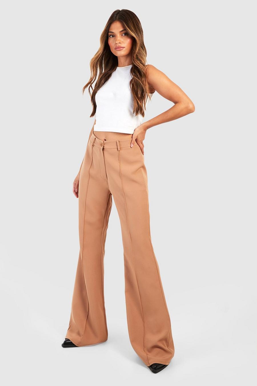 Camel Woven Seam Detail Flare Trousers image number 1