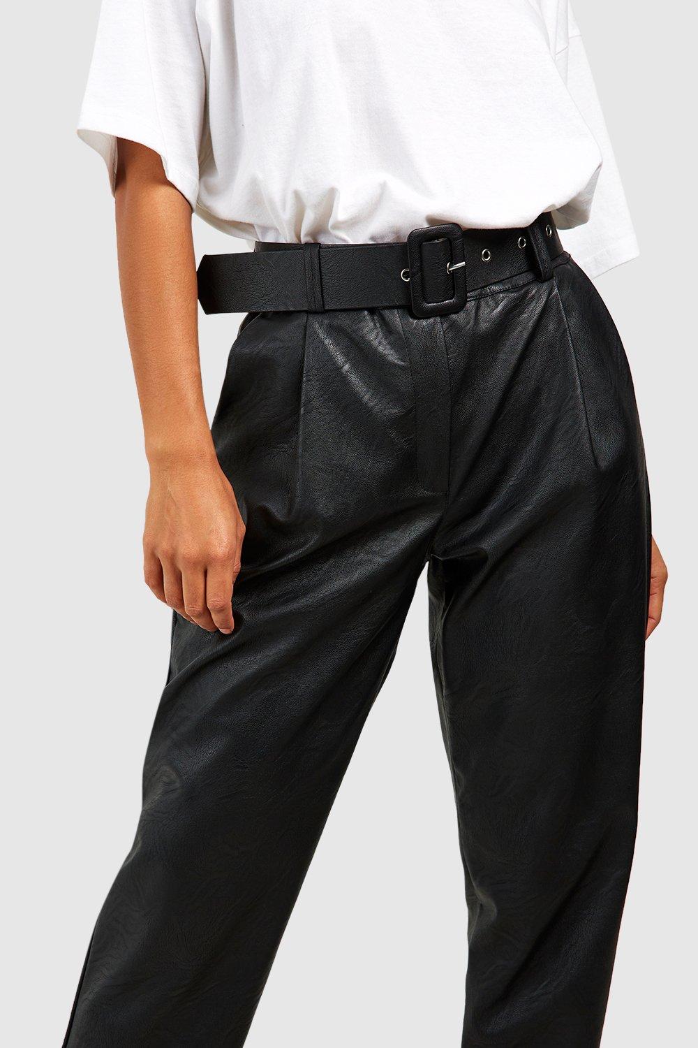 Faux leather hot sale belted trousers