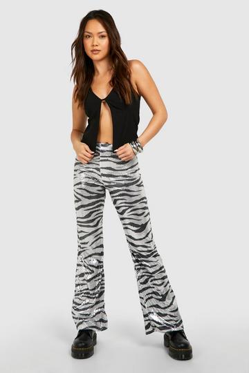 Flared Zebraprint Broek Met Pailletten white