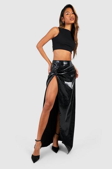Textured Vinyl Knotted Split Maxi Skirt black
