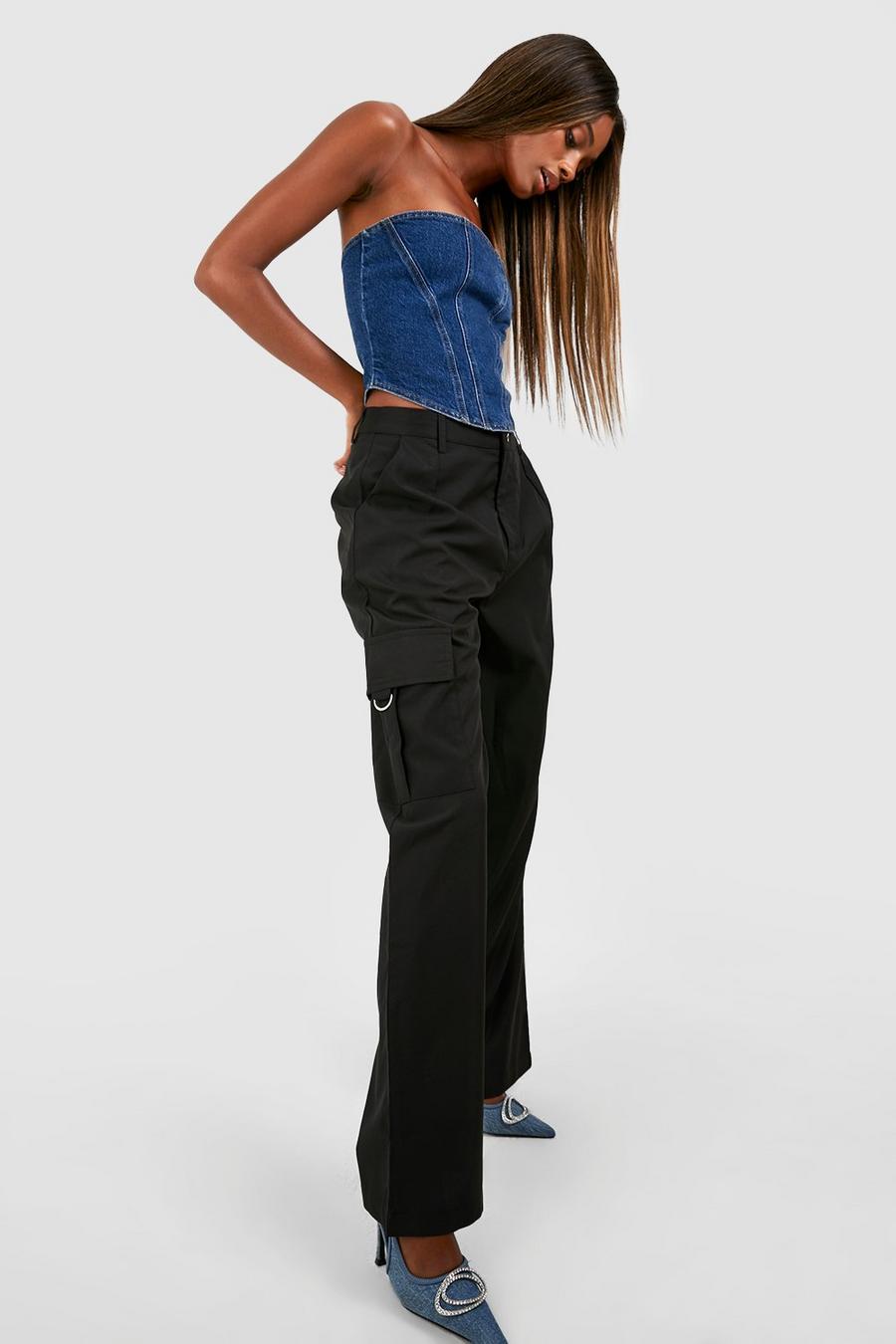 Black D Ring Detail Cargo Wide Leg Trousers image number 1