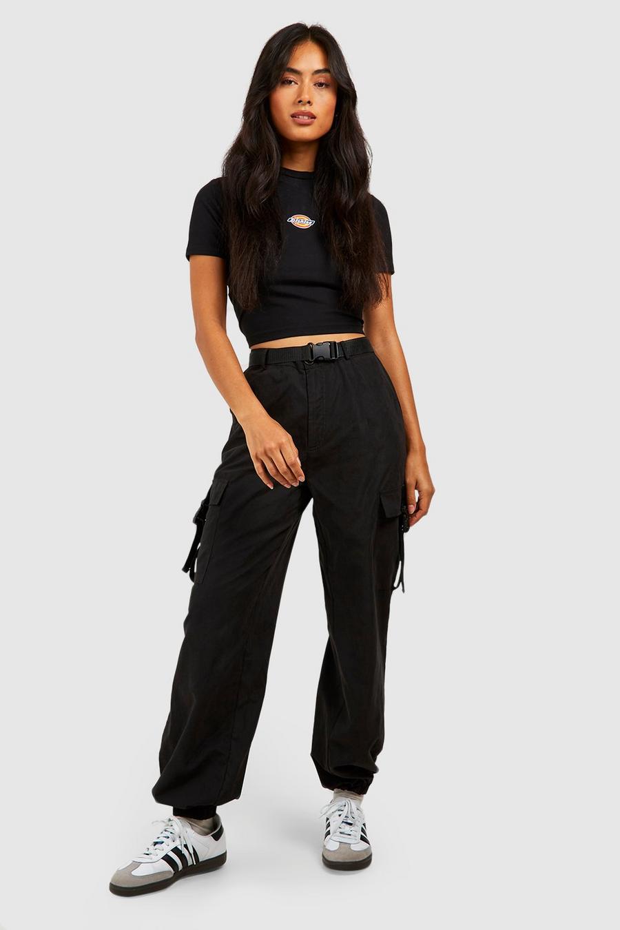 Black Buckle Detail Belted Cargo Trousers