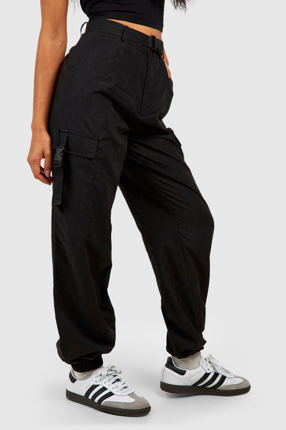 Black Buckle Detail Belted Cargo Pants