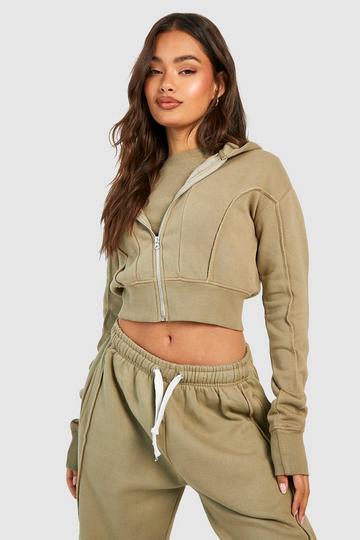 Washed Seam Detail Deep Hem Zip Through Hoodie khaki