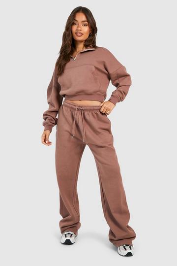 Chocolate Brown Half Zip Sweatshirt And Straight Leg Jogger Tracksuit