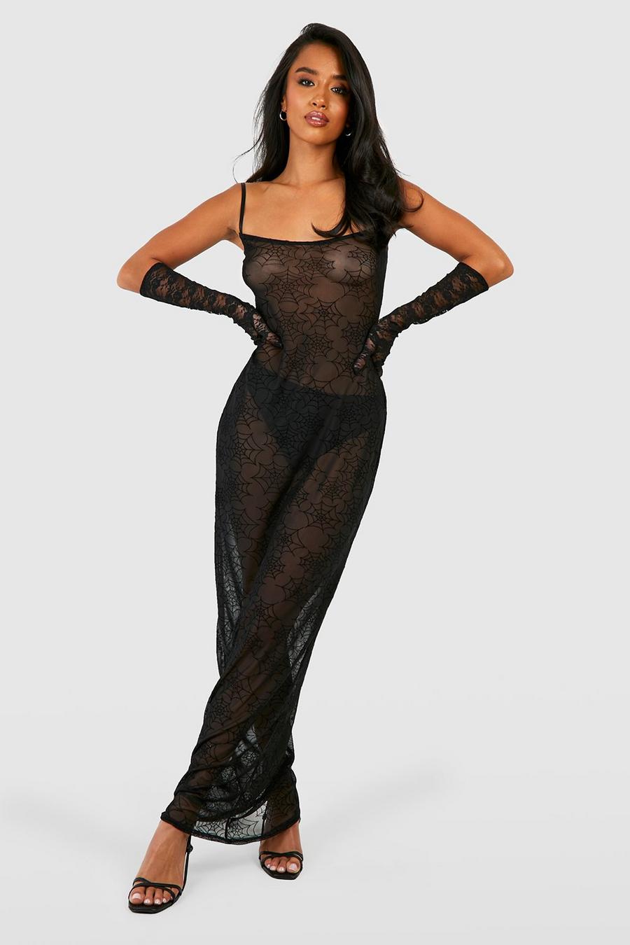 Black Petite Långklänning i mesh med spindelnät image number 1