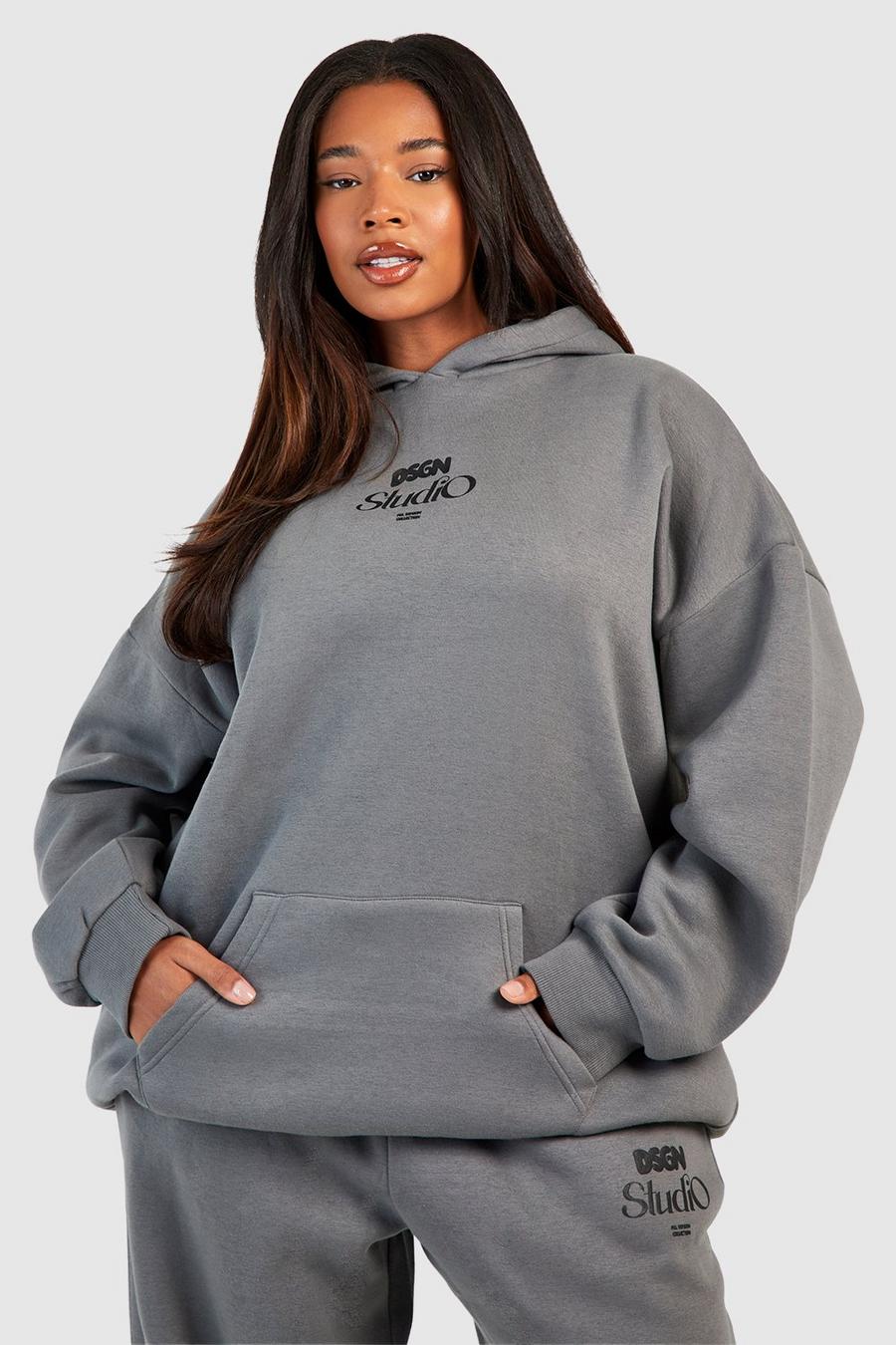 Plus Oversize Hoodie mit Dsgn Print, Charcoal image number 1
