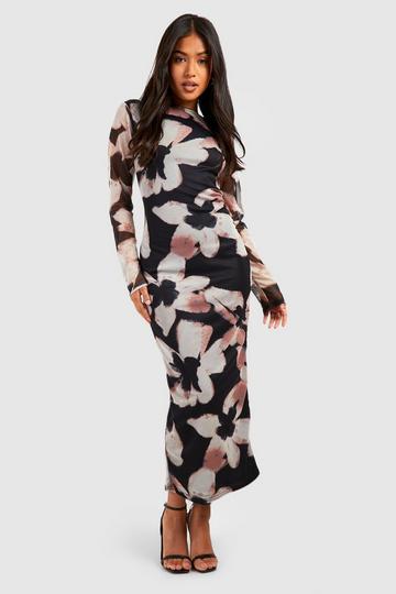 Black Petite Blurred Floral Long Sleeve Mesh Maxi Dress