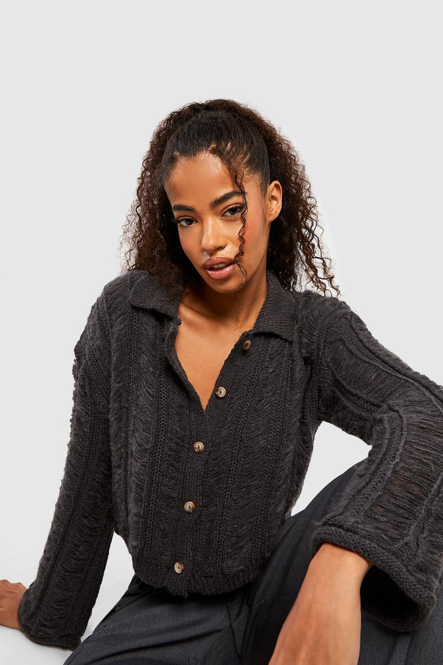 Charcoal gris Distressed Collared Cardigan
