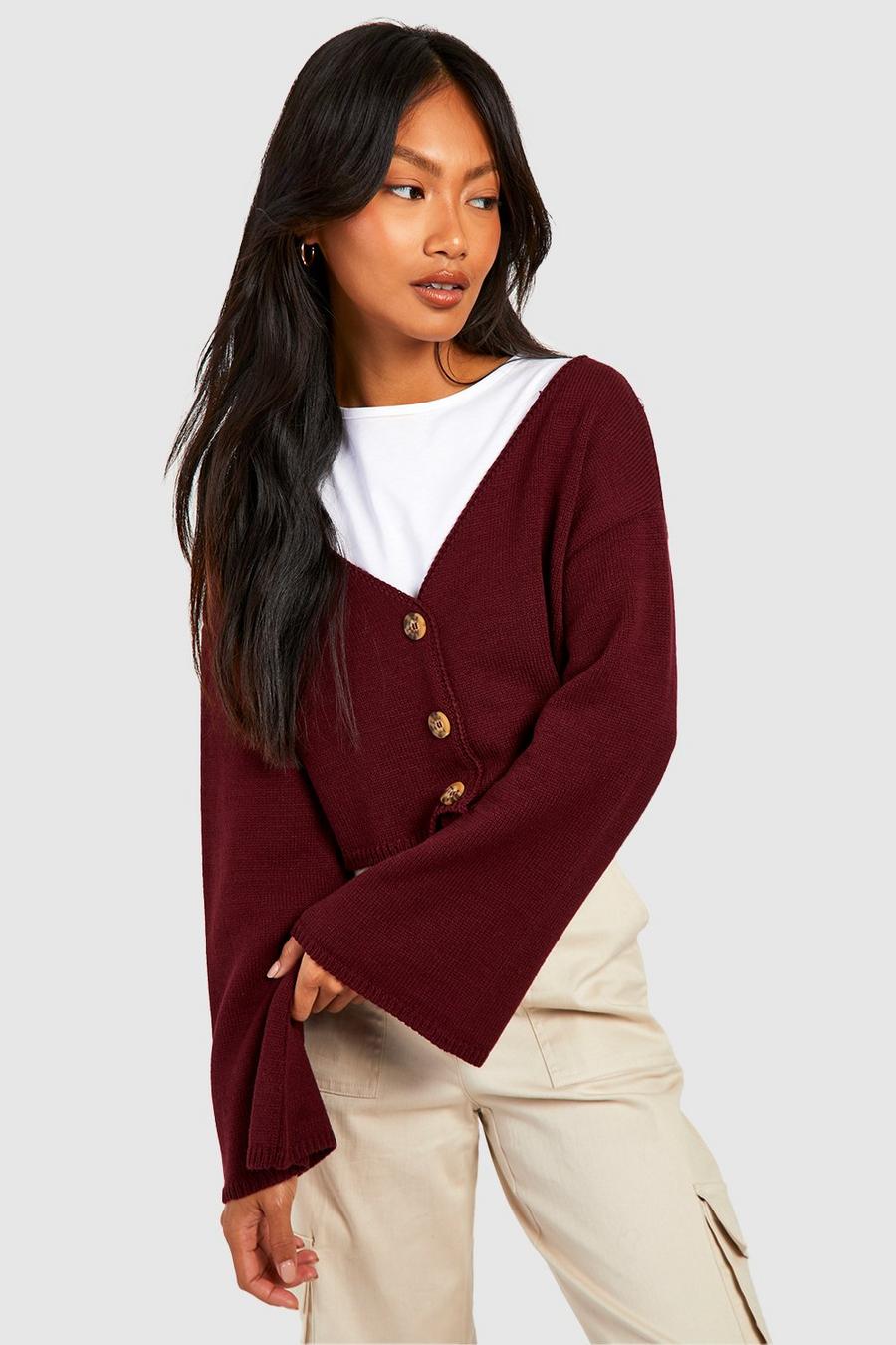Berry red Flare Sleeve Crop Cardigan