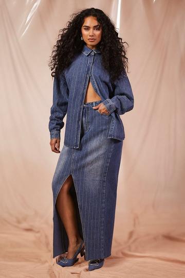 Blue Pinstripe Diamante Denim Maxi Skirt