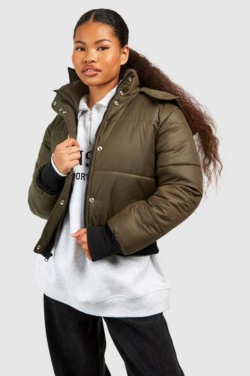 Petite Funnel Neck Rib Detail Puffer Jacket khaki