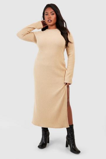 Plus Soft Rib Crew Neck Midaxi Dress sand