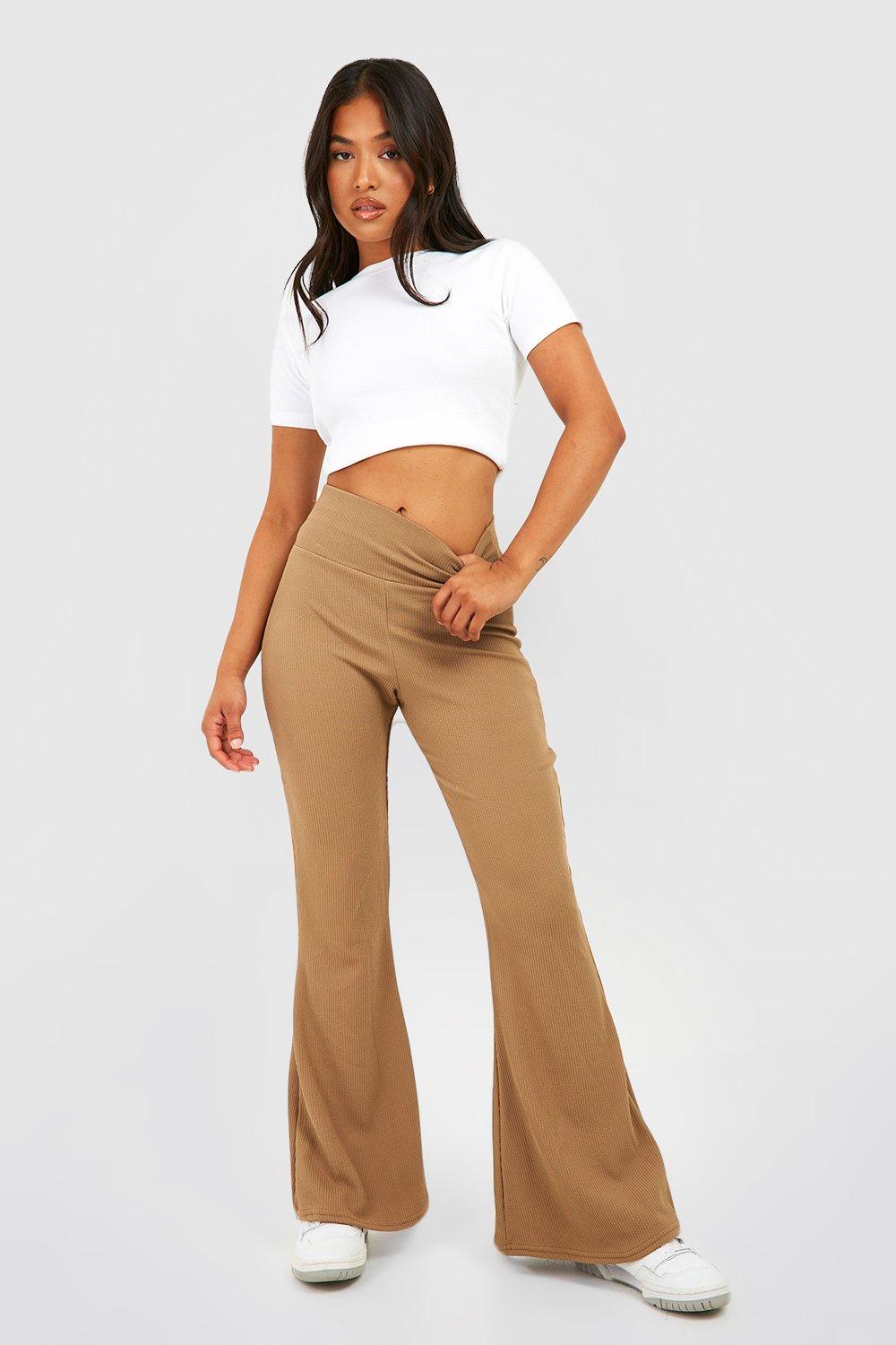 Petite Crinkle Rib Thick Waistband Flares | boohoo